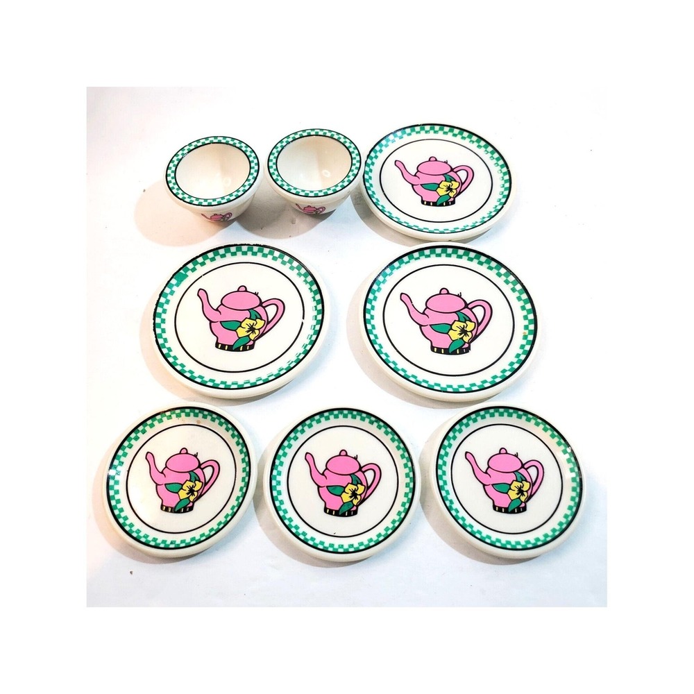 Vintage 1996 OSFT Miniature Doll Dishes Plates Bowls Pink Teapot Design Lot of 8
